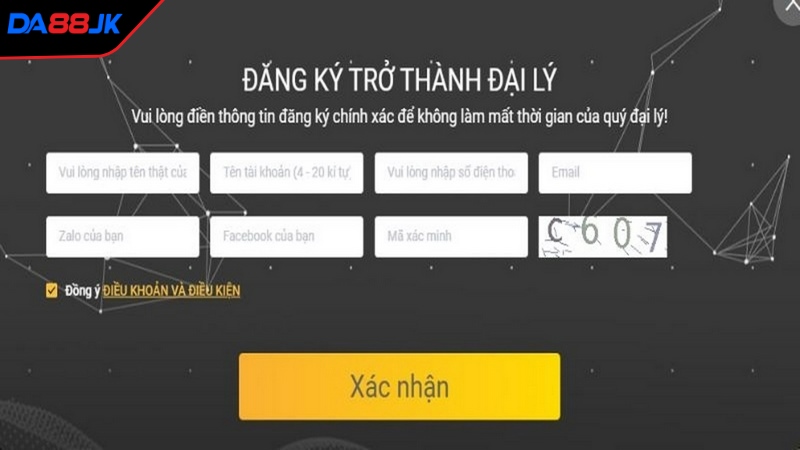 Cần tạo thông tin mới cho tài khoản đại lý DA88