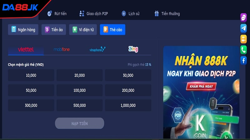 Thẻ cào cũng là cách giao dịch thuận lợi cho bet thủ