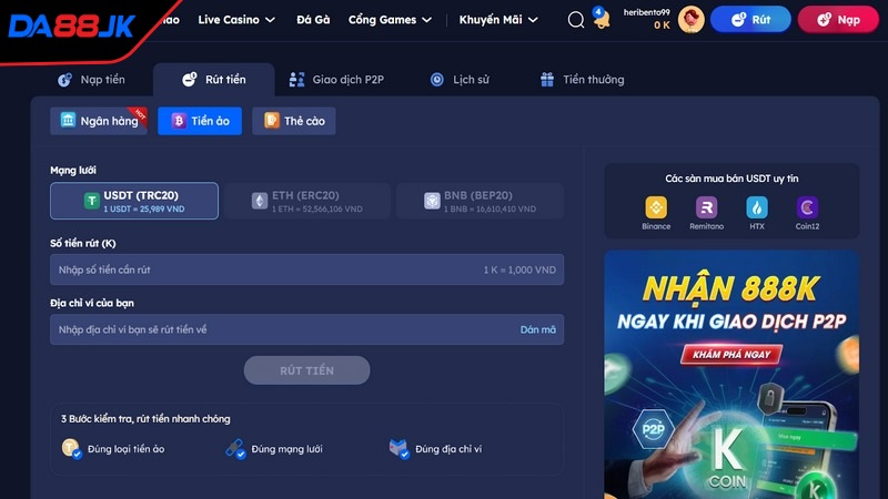 Rút tiền DA88 bằng tiền ảo rất hiện đại